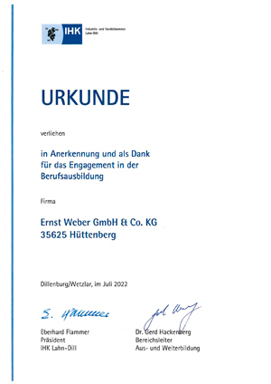 IHK-Urkunde für Ernst Weber GmbH
